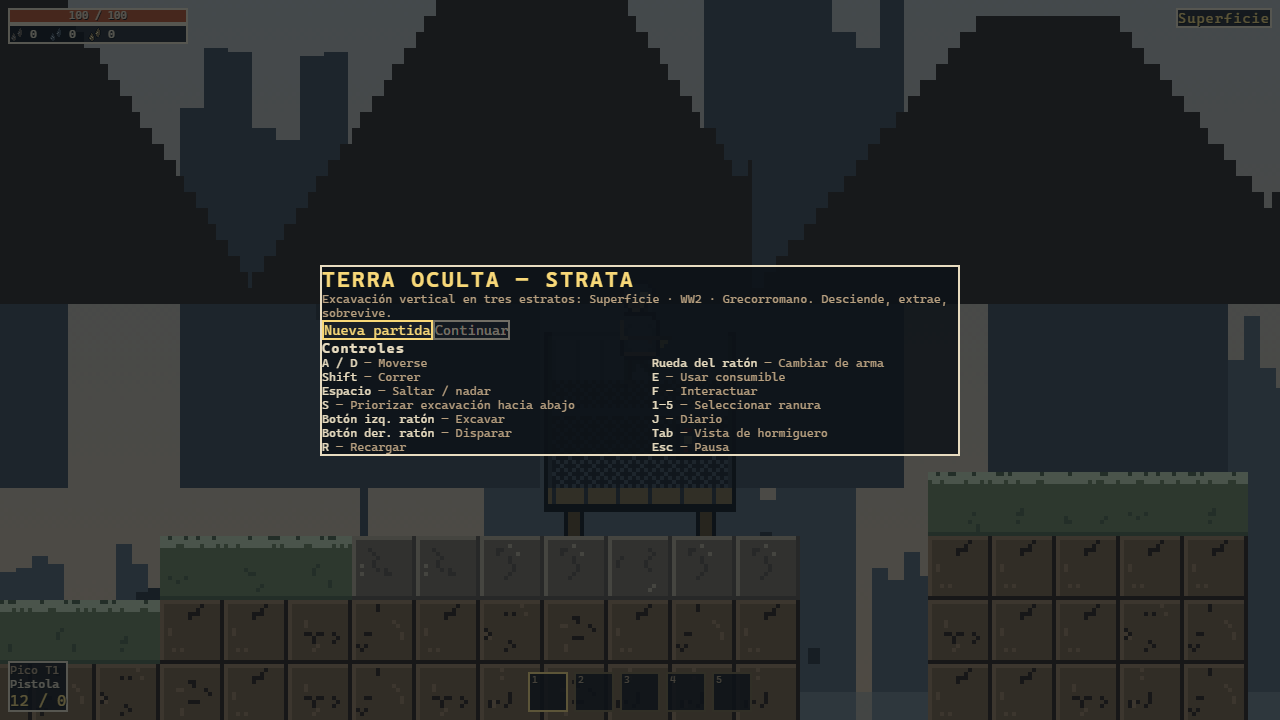 Pantalla de título de Terra Oculta: Strata, con el menú principal sobre un paisaje pixelado al anochecer